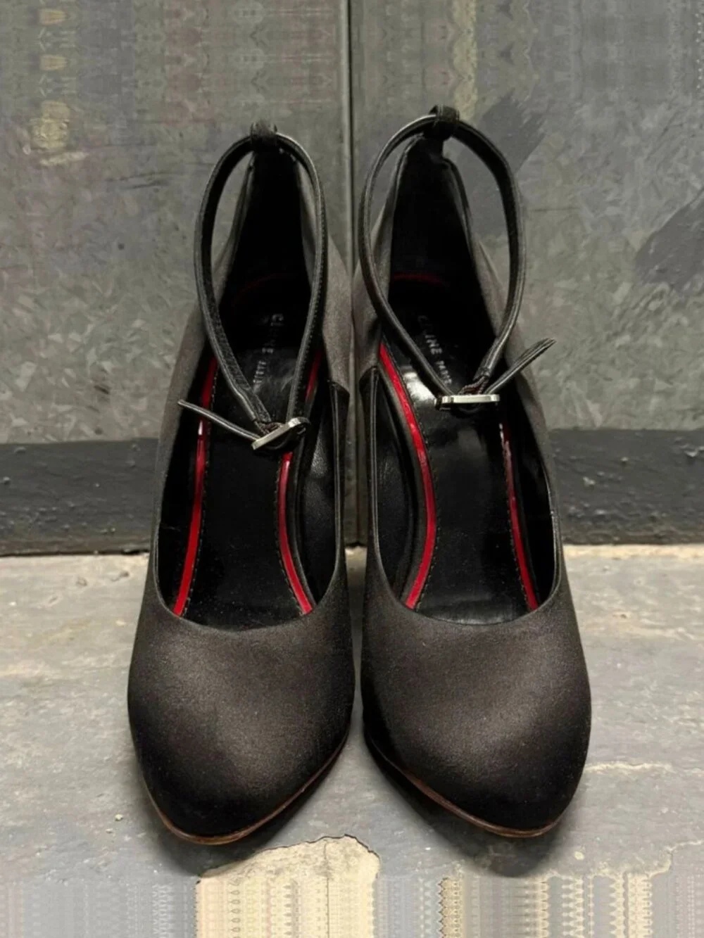 CELINE PHOEBE PHILO ERA BLACK SATIN WEDGE ANKLE STRAP SHOES